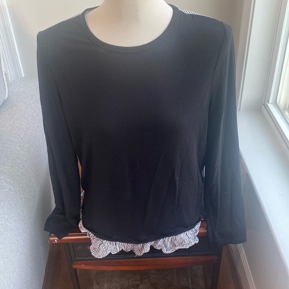 Kate Spade Broome Street spring black & white mix media top with ruffle medium - Picture 2 of 11